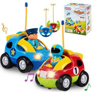 lot 6125 image: Prextex 2 Pack Cartoon Remote Control Cars for Toddlers - Police Car and Race Car with Steering Wheel Controllers and Lights - Different Frequencies So Both Can Race Together - Toddler Gift 18 Months