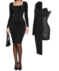 lot 6140 image: Bodycon Dress Long Sleeve Midi Dresses for Women Shapewear Tummy Control Square Neck Dress Built-in Bra Party Going Out Fall