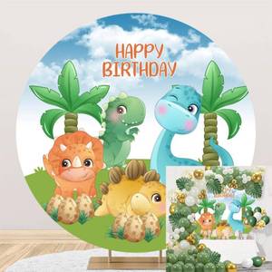 lot 6149 image: Polyester Diameter 6.5ft Cartoon Dinosaurs Round Backdrop Covers Kids Happy Birthday Photography Background Watercolor Jurassic Circle Baby Shower Newborn Birthday Party Decor Photo Booth Props