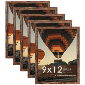 lot 6168 image: Fisnish 9x12 Picture Frame 5 Pack, Classic Brown Poster Frame for Horizontal or Vertical Wall Mounting