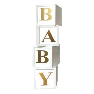 lot 6173 image: Baby Shower Boxes Party Decorations - 4pcs Stereoscopic White Gold Boxes with Gold BabyA-Z Letters,Babe Balloon Party Box Blocks for Teddy Bear BabyShower,Boy Girl 1st Birthday Parties Backdrop