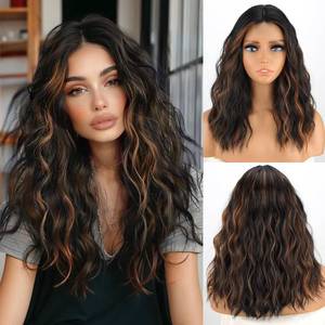 lot 6181 image: MISSQUEEN Black Highlight Wig 18 Inch Short Wavy Wigs for Women Middle Part Synthetic Curly Heat Resistant Fiber Wigs for Everyday Hairstyle Cosplay Party Halloween Use