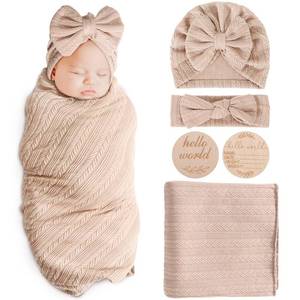 lot 6187 image: AQOKKA Newborn Receiving Blanket with Bow Hat Headband Wooden Card Set Wheat-Pattern Newborns Toddler Baby Boy Girl Nursery Swaddle Wrap