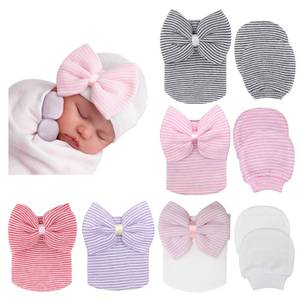 lot 6189 image: BQUBO Newborn Baby Caps Mittens for Baby Girls Set Hospital Hat Beanie Infant Hats with Bow Baby Scratch Mitten Gloves
