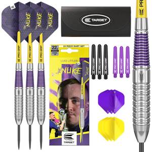 lot 6198 image: Target Darts Luke Littler Brass Steel Tip Darts Set �� 22G Steel Tip Dart, The Nuke Player Edition Dart Set, Dart Flights, Shafts & Dart Case Included  Professional Dart Accessories