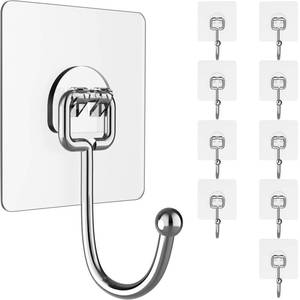 lot 6208 image: Large Hooks for Hanging Heavy-Duty 44Ib(Max) 10 Packs, Wall Hangers without Nails Self-Adhesive Traceless Clear and Removable, Waterproof and Rustproof Multiple Uses for Bathroom Kitchen Home
