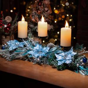 lot 7530 image: Meonum 37in Christmas Centerpieces for Tables Decorations with 3 Glitter Blue Poinsettia, 3 Candle Holders, 10 Zip Ties, Enchanting Blue Christmas Dining Table Centerpieces Entryway, Mantel, Holiday