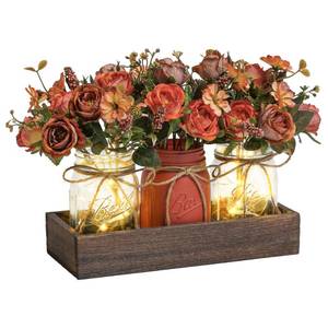 lot 7532 image: DUOER 3 Pcs Mason Jar Centerpiece Table Decorations for Dining Table Decor Farmhouse Coffee Table Decor with Wood Tray and Led Light Table Centerpieces for Dining room Kitchen Living Bathroom,Orange