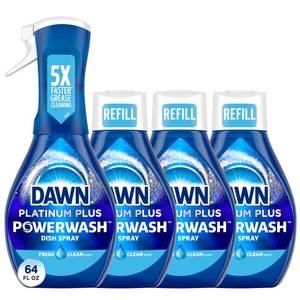 lot 7544 image: Dawn Platinum Powerwash Dish Spray, Dish Soap Liquid, Fresh Scent Bundle, 1 Spray (16oz)  3 Refills (16oz each)(Pack of 4)