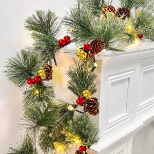 lot 7552 image: 6FT Prelit Smokey Christmas Garland with Lights Timer 8 Mode, Prelit Natural Rustic Cedar Pine Garland with Warm White Lights Pinecone Berry Bell Battery Operated Xmas Decor for Mantle Fireplace Table