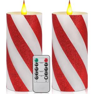 lot 7553 image: Retisee 2 Pcs Candy Cane Flameless Candles Striped Flickering LED Real Wax with Remote Timer Battery Operated Fake Candle Wide Glitter Stripe Pillars for Party Decor(3 X 6,Red)