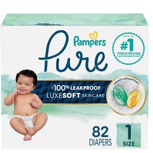 lot 7557 image: Pampers Pure Protection Baby Diapers, Size 1 (8-14 lbs), 82 Count, Up to 100% Leakproof, Premium Plant-based Skin Protection, Hypoallergenic Soft Diapers