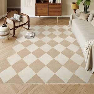 lot 7561 image: Beeiva Checkered Print 5x7 Washable Area Rugs for Bedroom, Non Slip Ultra Thin Beige Rugs for Living Room, Geometric Plaid Dorm Decor Soft Low Pile Carpet for Office Kids Room Classroom