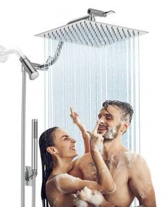 lot 7564 image: HOPOPRO 10�� All Metal Rainfall Shower Head Combo with Handheld Spray, High Pressure Showerhead Combination, Adjustable Dual Showerheads with Extension Arm, Full-Body Coverage Shower Experience, Silver