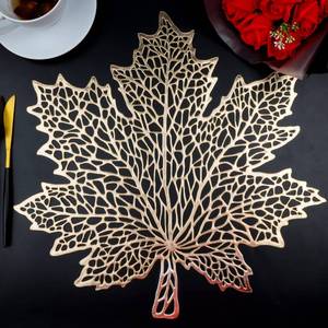 lot 7572 image: Snowkingdom Fall Thanksgiving Maple Leaf Placemats Sets of 12, Gold Round Vinyl Table Mats Pressed Metallic Hollow Out Place Mats for Autumn Harvest Holiday Party Wedding Accent Centerpiece