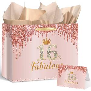 lot 8272 image: Yoirrat Rose Gold 16 & Fabulous 16th Birthday Gift Bag for Girls Large Pink Happy Sweet 16th Birthday Gift Bag with Wrapping Paper Card for 16th Sixteen Bday Decorations Party Supplies