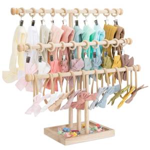 lot 8280 image: POVETIRE Headband Holder Stand Storage for Baby, 3 Tier Wooden Bow Organizer for Girls Hair Bows, Infant Hair Accessories Rack Display for Nursery Decor