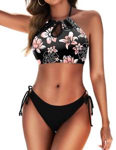 lot 8282 image: Zojuyozio Women Two Piece Bathing Suit Color Block Swimsuit Floral Cutout Swimwear High Neck Halter Bikini Set Blackfloral L