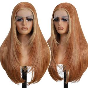 lot 8285 image: Synthetic Lace Front Wigs Pre Plucked 13x4 Lace Skunk Stripe Blonde Ginger 26 Inch Long Layered Straight Wigs For Women 100% Futura Fiber Ready to Wear Glueless Wig With Bangs Daily Party Use