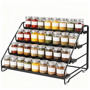 lot 11537 image: Exclaith 4 Tier Spice Rack for Cabinet, Step Adjustable Spice Shelf, Metal Step Spices Storage Holder with Protection Railing, Seasoning Organizer for Countertop, Cupboard, Pantry