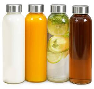 lot 11539 image: Epica 18-Oz Glass Water Bottles with Lids, Juice Bottles - BPA Free & Eco-Friendly Reusable Refillable Bottles for Juicing, Set of 4 - Clear