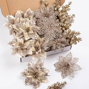 lot 11553 image: 24Pcs Christmas Poinsettia Artificial Flowers and Glitter Berries Kit, 2 Styles Total 16Pcs Christmas Tree Flowers Ornaments, 8Pcs Christmas Tree Picks for Wedding Holiday Decorations, Champagne