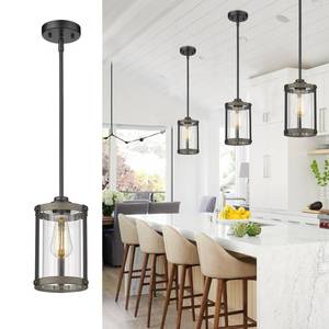 lot 11565 image: Osimir Farmhouse Pendant Light Fixtures, 1-Light Black Glass Pendant Lights for Kitchen Island, Industrial Rustic Mini Hanging Lighting with Rod, Wood Finish, Adjustable Length, OS-3014