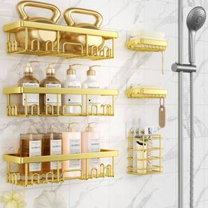 lot 11568 image: Veken Adhesive Shower Caddy 6-Pack,Gifts for Women Mom,Heavy Weight Bearing,Large Wall Mounted Bathroom Shelves Rack,Organizer Storage Accessories with Soap Dish&Toothbrush Holder,Bright Gold