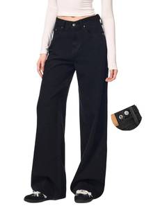lot 12357 image: Baggy Jeans for Women Wide Straight Leg Cinch Jeans Woman Adjustable Wasit High Waisted Pants Denim Pants Y2K Trousers Black