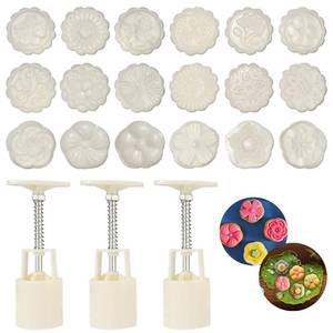 lot 12386 image: 21 Pieces Bath Bomb Press Mold Kit, MaehSab 3 Pcs Round Shower Steamer Molds with 18 Flower Pattern Stamps DIY Tools, Moon Cake Making Mold for Mid-Autumn Festival, Dessert Baking