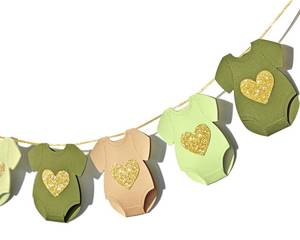 lot 12398 image: Green Brown Baby Shower Paper Garland Short-Sleeve Bodysuits Clothesline Garland Gender Reveal Birthday Banner Baby Outfit Paper Decorations 9 pcs