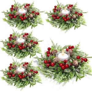 lot 13521 image: Lyrow 4 Pcs Christmas Candle Rings Wreath Xmas Kitchen Cabinet Mini Wreath Artificial Berries Snowy Pine Candle Ring Holder for Christmas Chandelier Home Table Centerpiece Indoor Decor