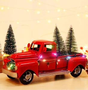 lot 13531 image: AerWo Little Red Truck Christmas Decor with 2 Mini Trees and LED String Lights - Metal Pickup Truck Car Model for Table Top Decor