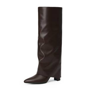 lot 13537 image: Modatope Brown Shark Knee High Boots for Women Chunky Heel Fold Over Boots Pointed Toe Tall Boots Zipper Long Boots Size 6.5