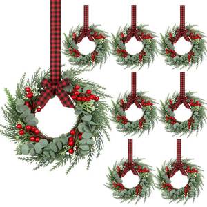 lot 13545 image: 8 Pcs 8 Mini Christmas Wreaths for Kitchen Cabinet Small Christmas Candle Rings Wreaths, Front Door PillarsHome Table Centerpieces Hanging Garlands, for WindowsWedding Decor (No Red Ribbon)