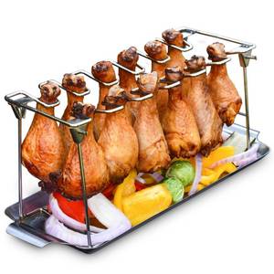 lot 13551 image: Chicken Leg Rack for Grill with Drip Tray - Easy to Use 12 Slots Chicken Wing Rack - Premium Stainless Steel Chicken Drumstick Rack for Smoker - Chicken Drumstick Holder for Grill Accessories