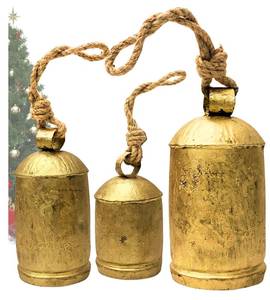 lot 13553 image: Decorative Cow Bells Set of 3 Large Harmony Bells - Vintage Giant Christmas Bells, Country Rustic Cowbell on Jute Rope XL Hanging Lucky Golden Bells (4-6-8)
