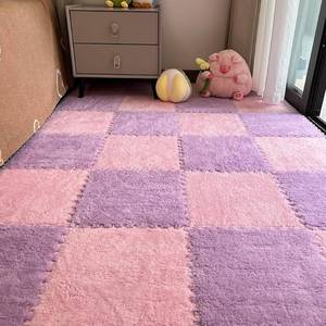 lot 13568 image: 12pcs Carpet Squares Puzzle Floor Mat, Plush Interlocking Carpet Tiles, Anti Slip EVA Foam Jigsaw Floor Tiles, Build A Safe Area for Bedroom Playroom (PinkPurple) (used)