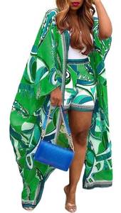 lot 14208 image: QegarTop Two Piece Vacation Sets for Women Green Coverup Shorts Set Flowy Beach Cruise Kimono Duster Outfits