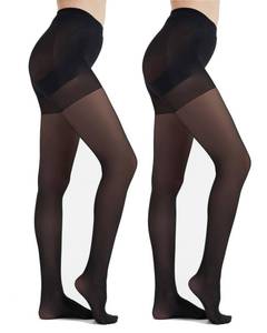 lot 14237 image: Citystl 2 Pairs Black Tights for women - 40D Control Top Pantyhose - Sculpt Silhouette, Flattening Tummy and Lifting Booty��Black-L��