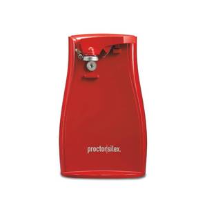 lot 14241 image: Proctor Silex Power Electric Automatic Can Opener for Kitchen with Knife Sharpener, Twist-off Easy-Clean Lever, Cord Storage, Red (75226)