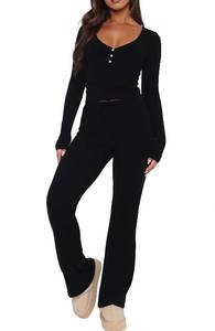 lot 14244 image: REVETRO 2025 Spring V Neck Lounge Sets For Women 2 Piece PJ Set Long Sleeve Shirts Pajama Set Slim Fit Tracksuit Workout Set Black XS