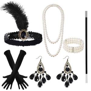 lot 14252 image: 6 Pcs 1920s Flapper Accessories for Women, Women Great Gatsby Accessories with Headband Beaded Necklaces Earrings Gloves Handheld Prop for Vintage Wedding Costume Black