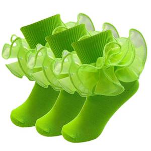 lot 14255 image: MKYSZLT Girls Ruffle Socks Toddler Double Lace Sock Turn Cuff Frilly Dress Socks Pageant with Ruffles Little Baby Girl Kids (US, Age, 4 Years, 6 Years, Green - 3 pairs) (1 sock missing)