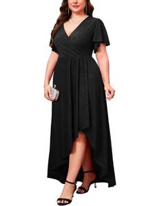 lot 14256 image: ZOMVA Plus Size 1X-4X Sparkly Glitter Formal Maxi A Line Dress Sparkle Wrap Ruffle Sleeve Prom Dresses Cocktail Evening Gown, Black, 2X