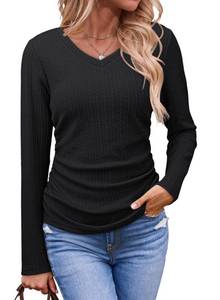 lot 14257 image: Dokotoo School Outfits for Teachers Early Fall Fashion 2025 Womens Long Sleeve Solid V Neck Shirts Tops Fall Clothes Business Casual Side Ruched Tee Shirts Comfy Slim Fitted Womens Clothing Black S