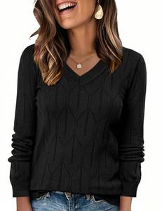 lot 14270 image: AKEWEI Vneck Sweaters for Women Trendy Fall Long Sleeve Business Casual Outfits for Women 2025 Cute Trending Clothes Black L