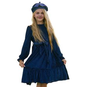 lot 14277 image: fioukiay Girls Velvet Dress Long Sleeve Crew Neck Elegant A-Line Fall Winter Midi Dresses Party Holiday with Hat Blue Size 10-11 (hat only no dress)