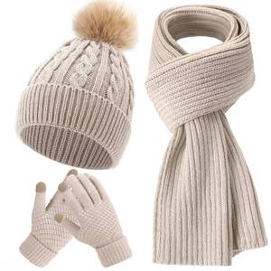 lot 14283 image: Geyoga 3 Pieces Winter Beanie Hat Scarf Touch Screen Warm Gloves Set Knit Skull Cap for Men and Women (Beige,Classic Style)
