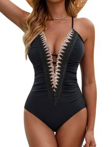 lot 14311 image: BMJL Womens Sexy One Piece Swimsuit Ruched Tummy Control Bathing Suit Plunge Color Block Swimwear(M,Black)